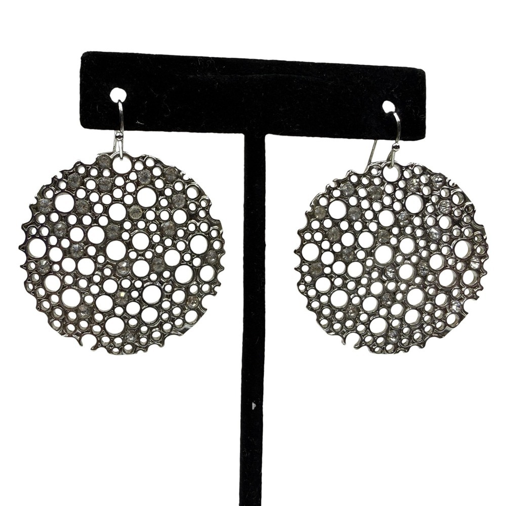 Modern Silver Tone Clear Rhinestones Accent Dangle Earrings Round Textured